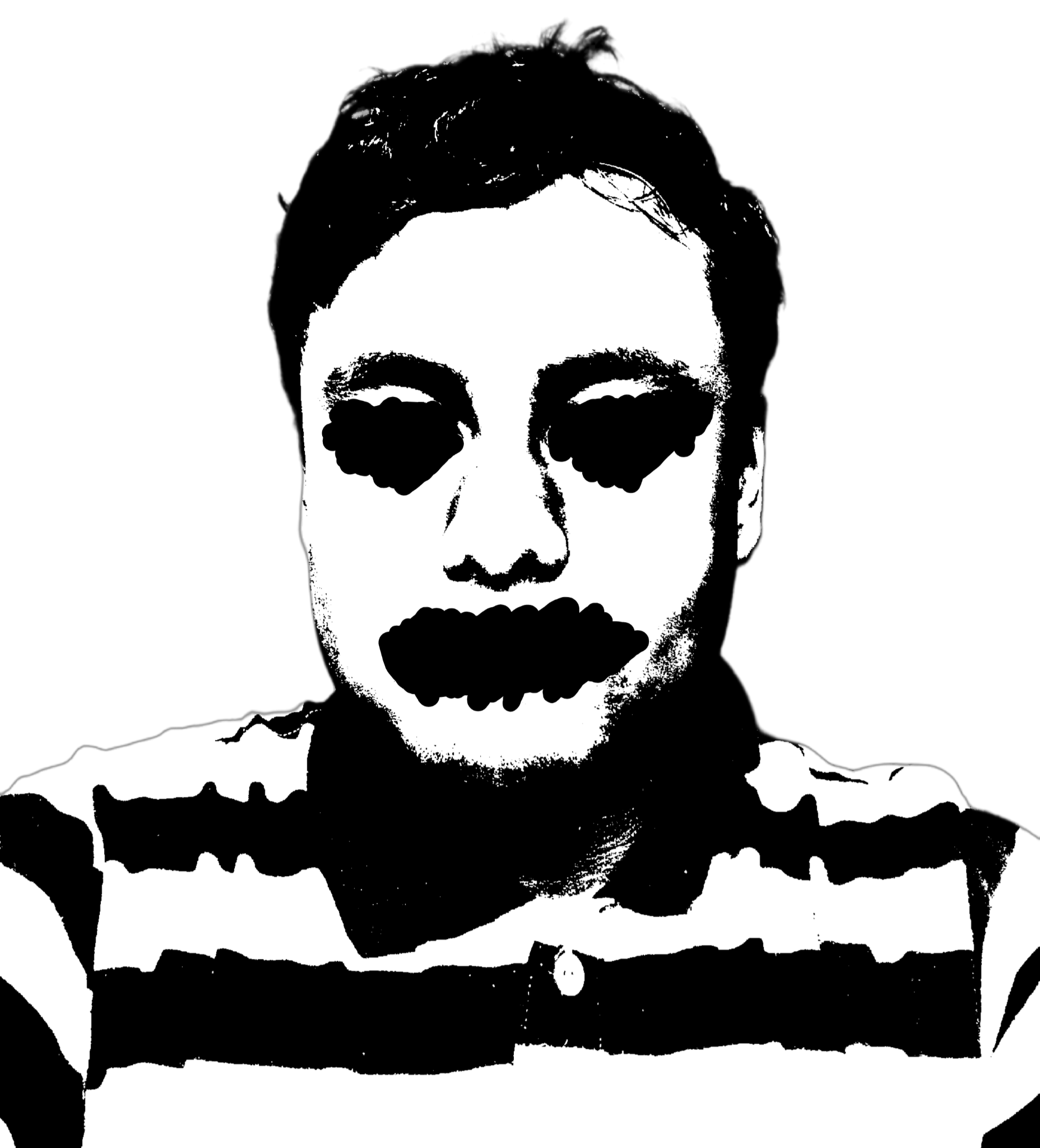 A black silhouette with a white border. The eyes and mouth are redacted.